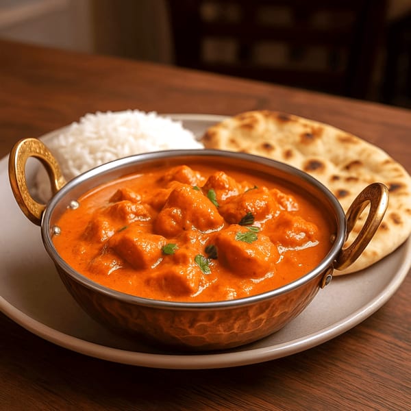 Everest Indian Kitchen's butter chicken in a copper bowl with rice and naan on a plate.