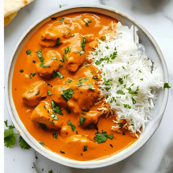 Overhead view of Everest Indian Kitchen's butter chicken with white rice and cilantro in a bowl.